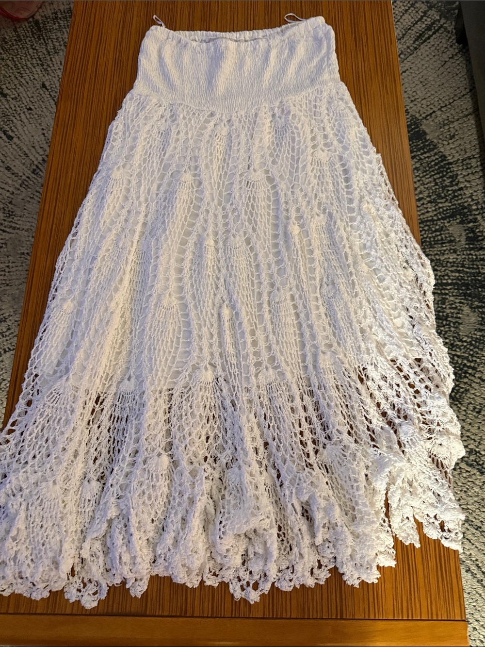 Raviya White Crochet Maxi Skirt – Bohemian Lace Panel Design